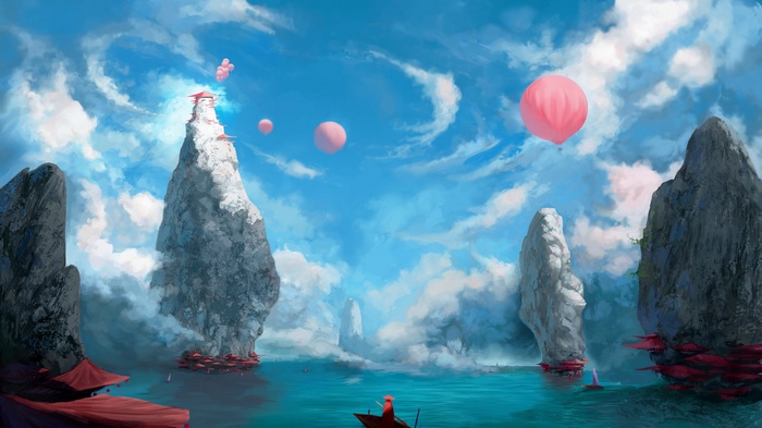 Fantasy landscape with floating islands and hot air balloons