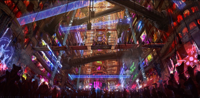 Crowd in a colorful, futuristic marketplace with alien architecture