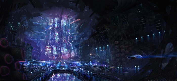 Sci-fi city with a central crystal structure and flying vehicle