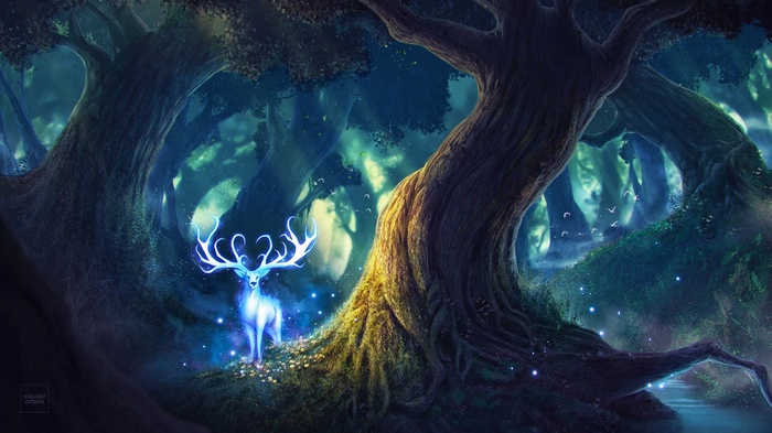 Glowing deer in a mystical forest