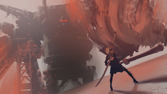 2B from Nier: Automata fighting a giant robot