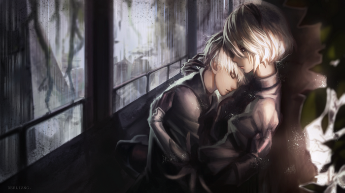 2B and another character hugging from Nier: Automata