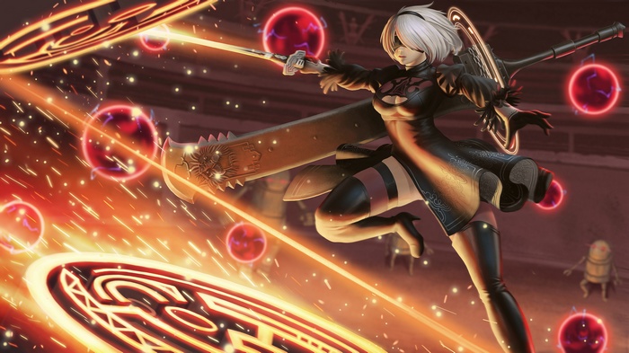2B from Nier: Automata with sword and orbs