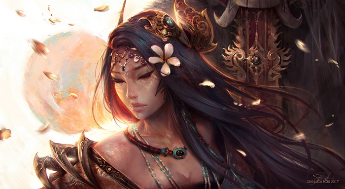 Fantasy warrior woman with ornate armor and jewelry