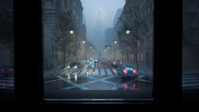 Rainy city street with traffic and tall buildings