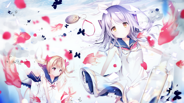 Two anime girls with pink fish and butterflies