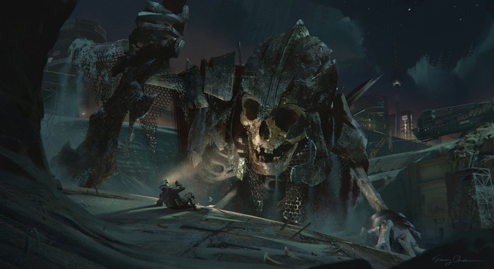 Giant skull monster and a soldier in a desolate cityscape