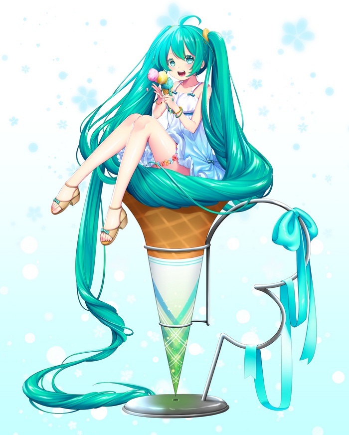 Hatsune Miku eating ice cream on a giant cone