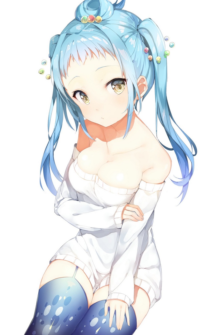 white  background, sweater, aqua hair, stockings, yellow eyes, thigh-highs, cleavage, original characters