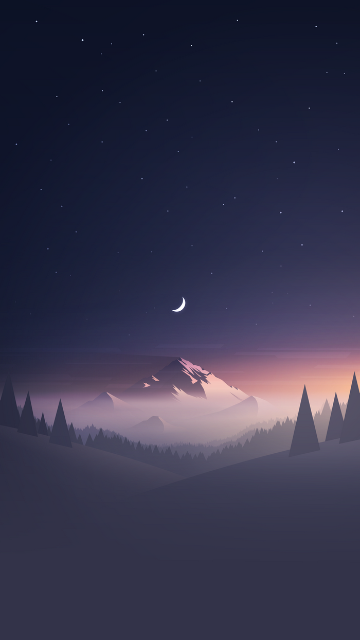 clear sky, digital art, starry night, Moon, night, nature, forest, mountains, hills, mist, minimalism, portrait display, trees, stars