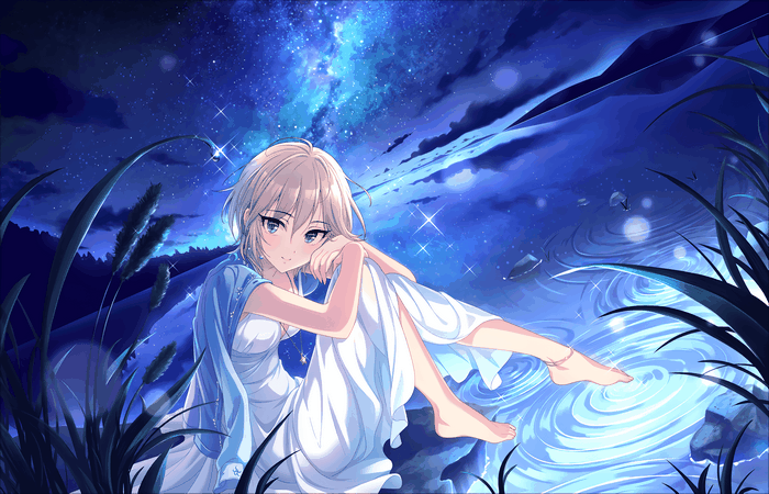 Anastasia from Idolmaster in a white dress under the stars