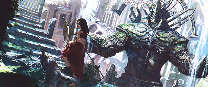 Girl and wolf in ancient ruins with stone statue
