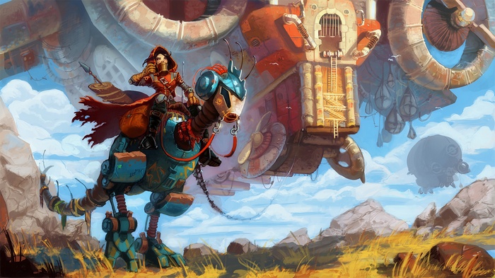 Steampunk girl riding a robot creature with airships