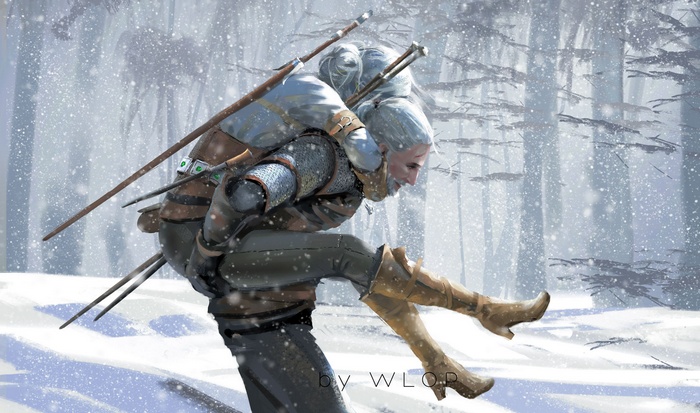 Geralt of Rivia carrying Cirilla in The Witcher 3