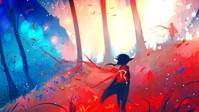 Two figures in a colorful, abstract forest