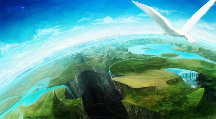 A white bird flies over a fantastical alien planet