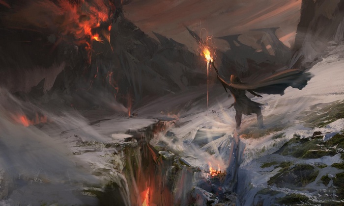 Fantasy art of a wizard with a torch in a volcanic landscape