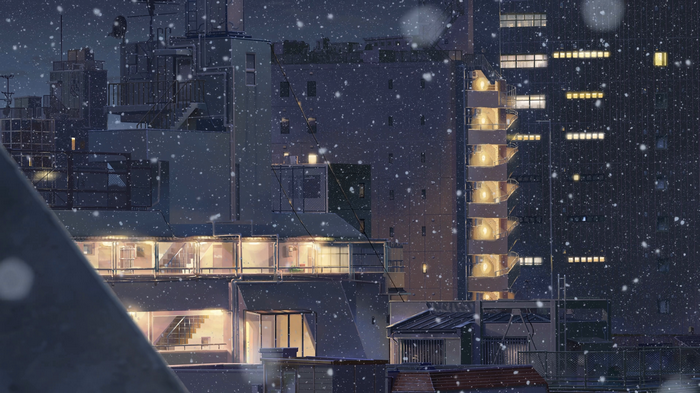 Anime cityscape during snowfall