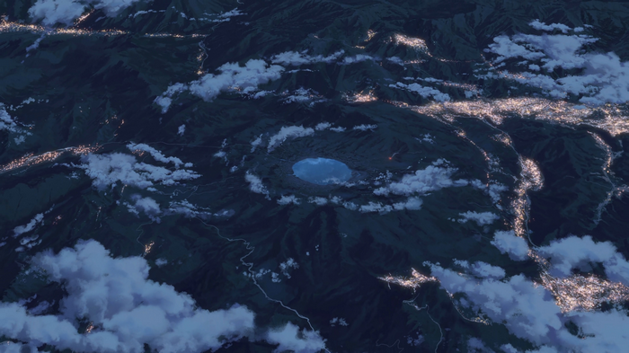 Aerial view of a crater lake and city lights in Kimi no Na Wa