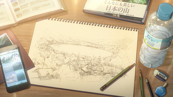 Anime sketch of a town by a lake, Makoto Shinkai