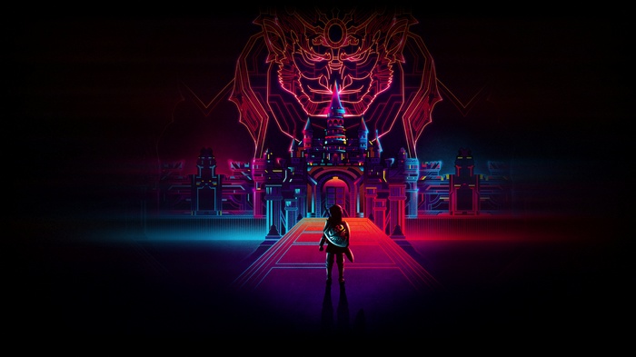 Link from The Legend of Zelda facing a neon castle