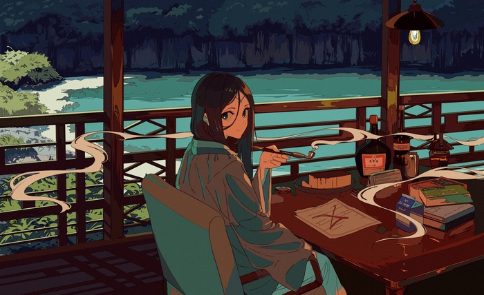 Girl smoking a pipe on a balcony overlooking a lake