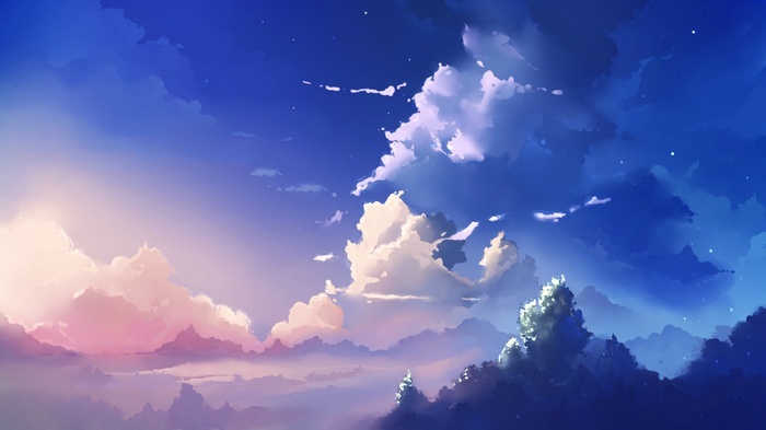 Anime sky with clouds at sunset and night