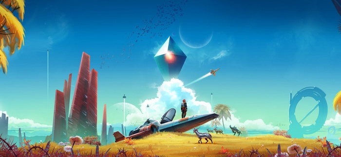 No Man's Sky alien planet with crashed spaceship