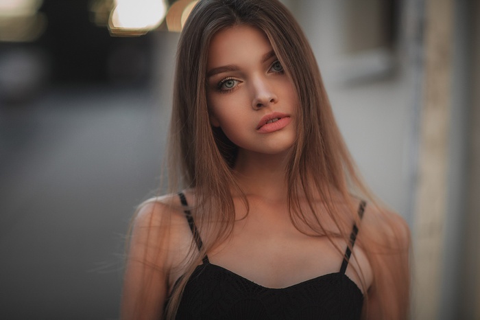 Women Blue Eyes Brunette Black Tops Bokeh Long Hair Face