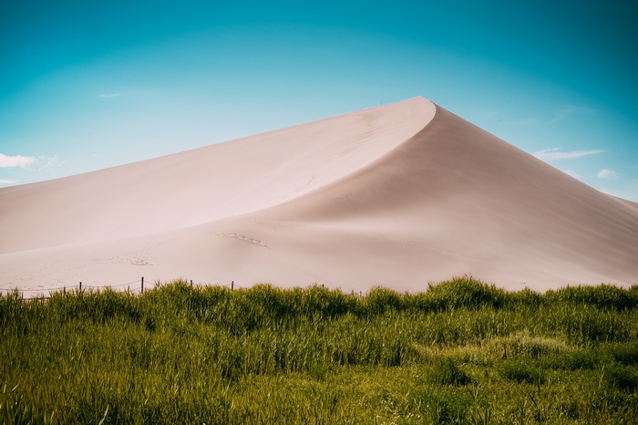 Sand dune with green grass and blue sky
