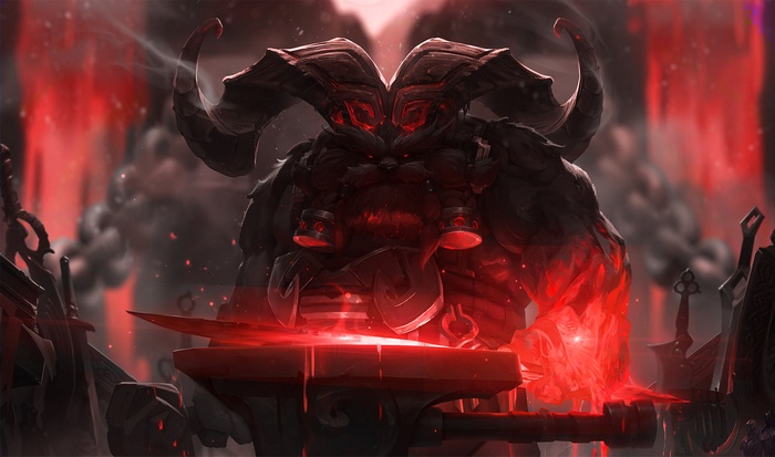 Ornn from League of Legends forging a weapon