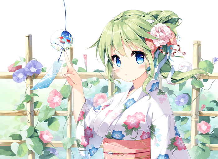 green hair, Japanese kimono, blue eyes, Kochiya Sanae, Touhou