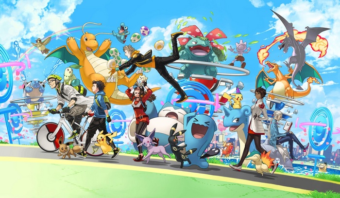 Pokemon Go characters and Pokemon in a city park