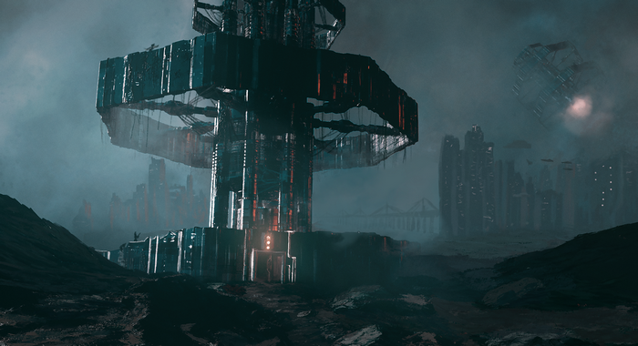 Futuristic alien landscape with towering structures