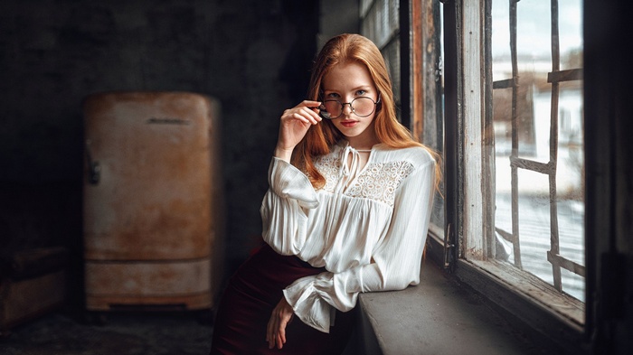 Katya Voronina with glasses, redhead, portrait