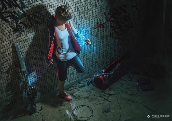 Cyberpunk character with glowing arm augmentation