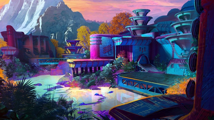 Futuristic city with mountains and a river