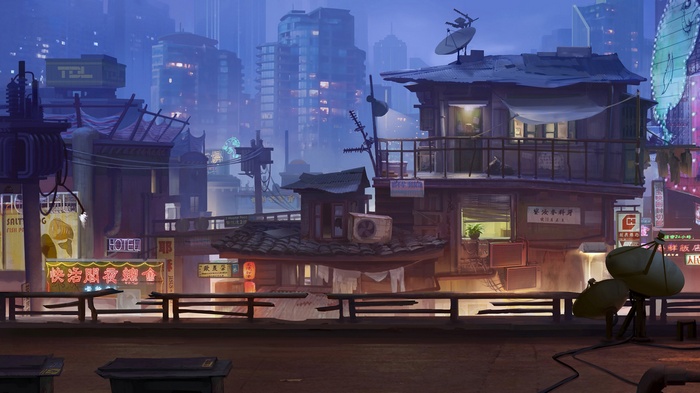 Cyberpunk cityscape with neon signs and buildings