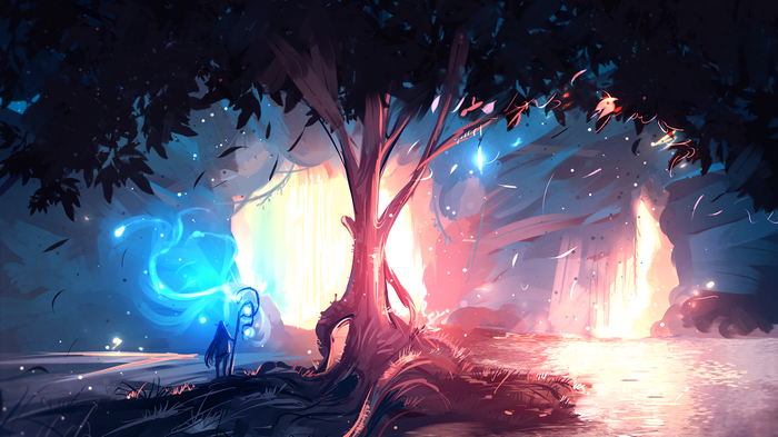 Fantasy landscape with a figure and a tree