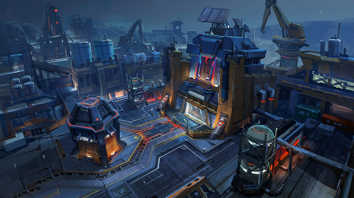 Sci-fi industrial complex at night with cranes and solar panels