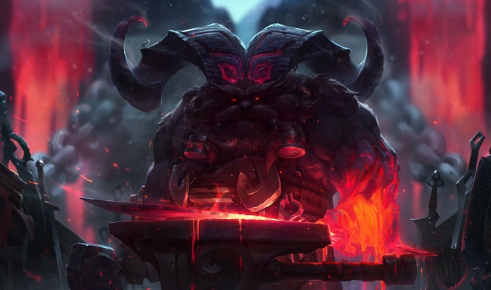 Ornn from League of Legends forging metal