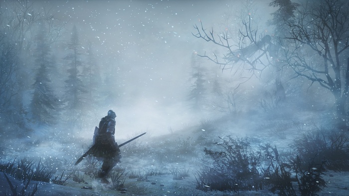 Knight with sword in snowy Dark Souls III forest