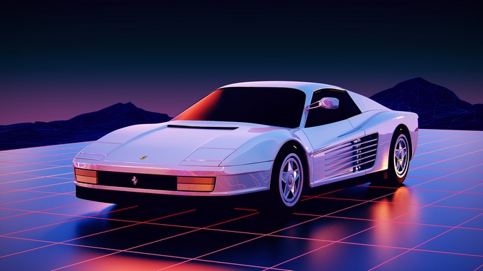 White Ferrari Testarossa on a retro grid with mountains