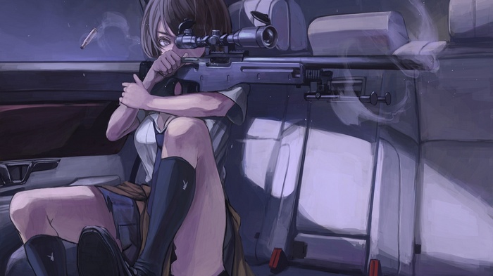 Anime girl with sniper rifle in car