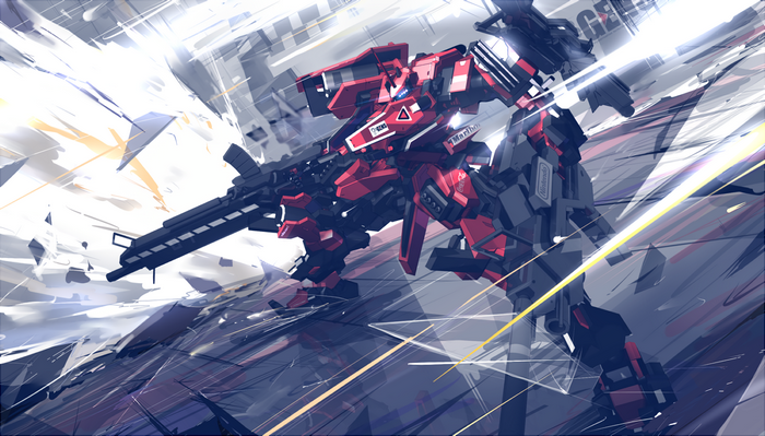Red and black mech with rifle in abstract environment