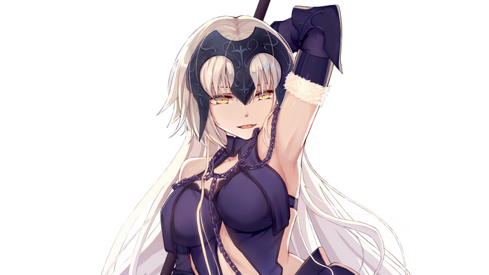 white  background elbow gloves yellow eyes blonde FateGrand Order chains long hair Jeanne darc alter gloves Jeanne dArc boobs Fate Series weapon cropped armor