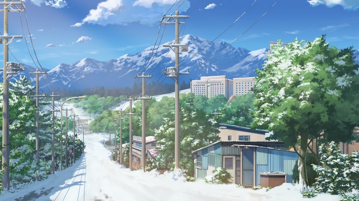 Anime winter scene with snow-covered mountains and buildings