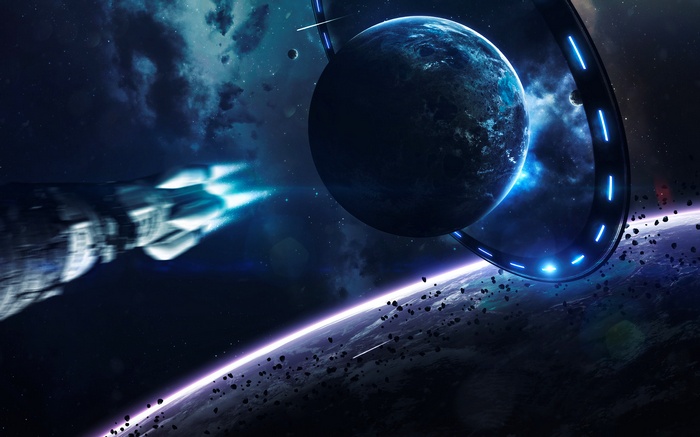 Spaceship approaching a ringed planet in deep space