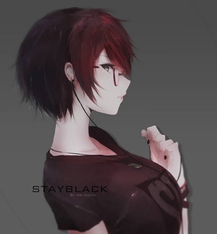 Anime girl with red glasses and earphones