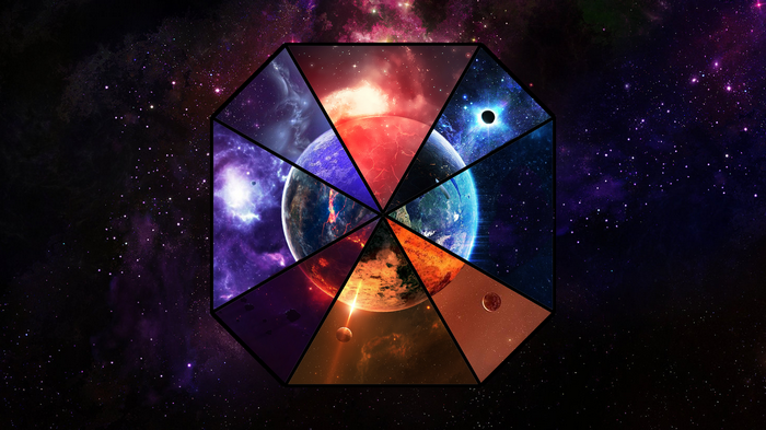 Collage of planets and nebulae in space